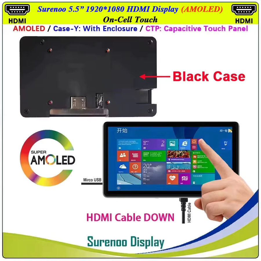 SURENOO 5,5 Zoll AMOLED OLED TFT LCD Modul mit Kapazitivem Touch Panel, Full HD 1920x1080, HDMI-kompatibel für Raspberry Pi - Bild 2