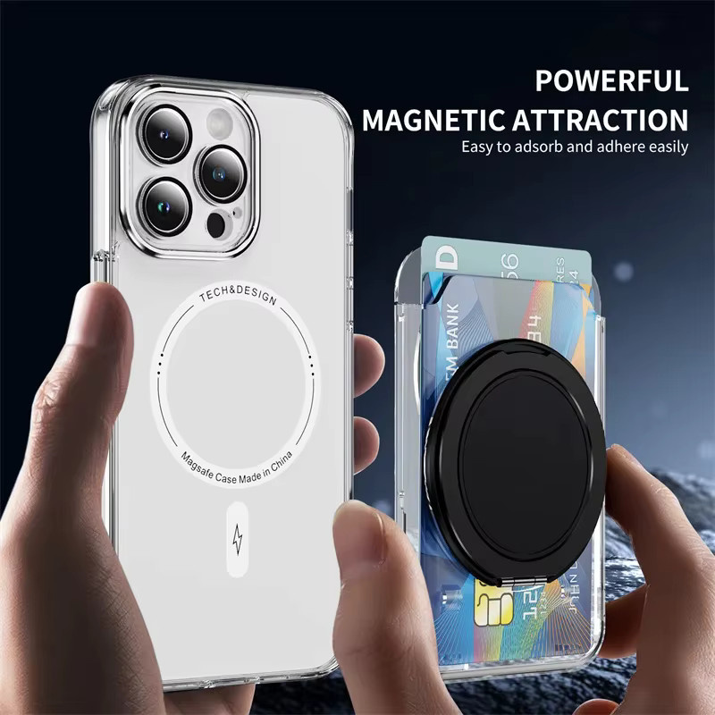 Clear Wallet 360 Grad drehbarer Magnetring-Klappständer mit MagSafe Kartenhalter für iPhone und Samsung in Transparent Blau - Bild 2