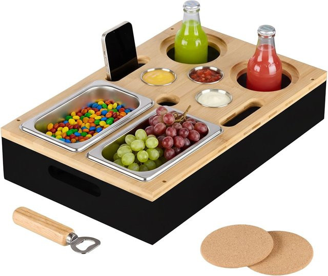 Relaxdays Couchbar aus Bambus und Edelstahl mit Kork in Schwarz, B/T/H: 40 x 26 x 8 cm - Bild 1