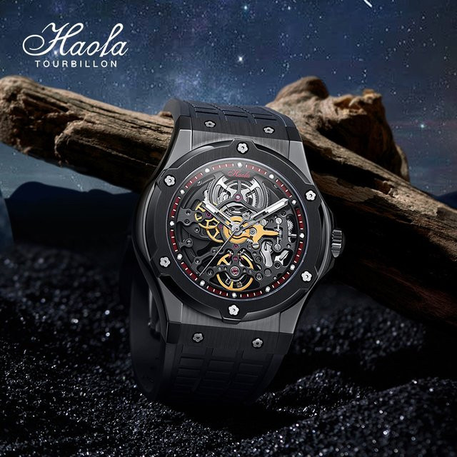 Haofa Armbanduhr Automatik, Skelett, Saphirglas, Edelstahl, Schwarz, Herren - Bild 1