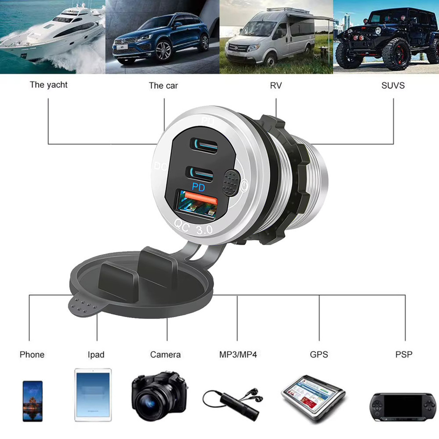 Kebidumei 12/24 V Autoladegerät mit 3 Ports, QC 3.0 und PD Typ C Schnellladegerät-Adapter aus Aluminium in Silber - Bild 5