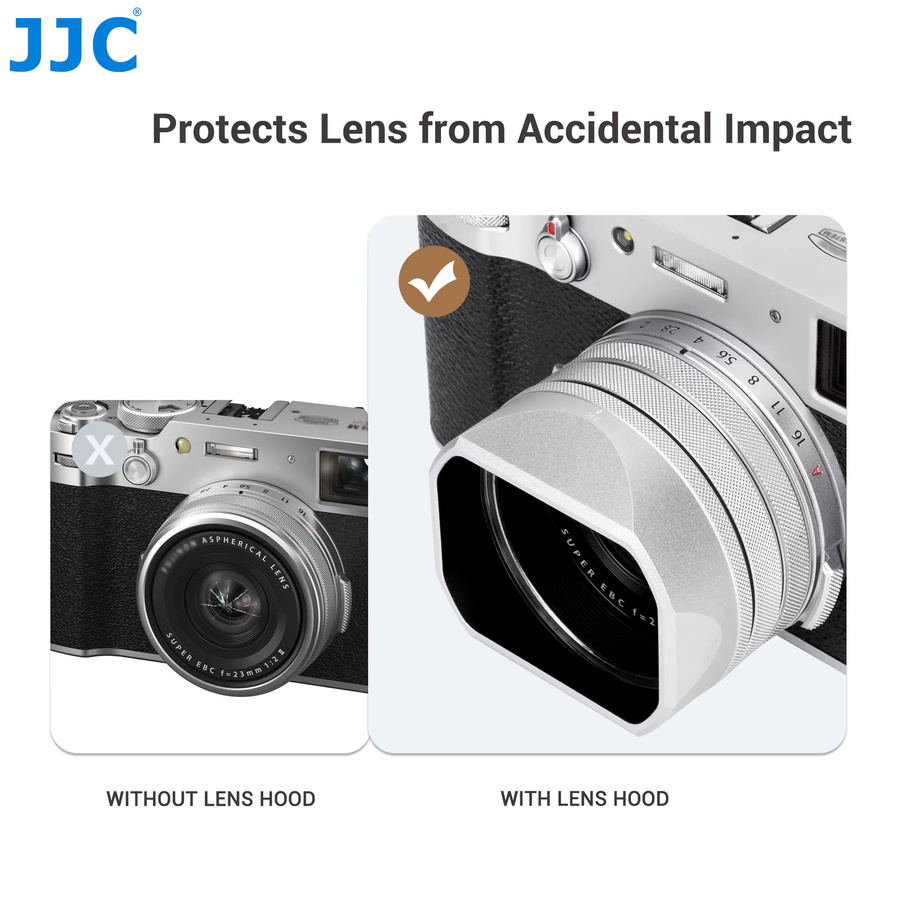 JJC Metall-Quadrat-Gegenlichtblende mit Adapterring und Objektivkappe für Fujifilm X100VI und X100V in Silber - Bild 4