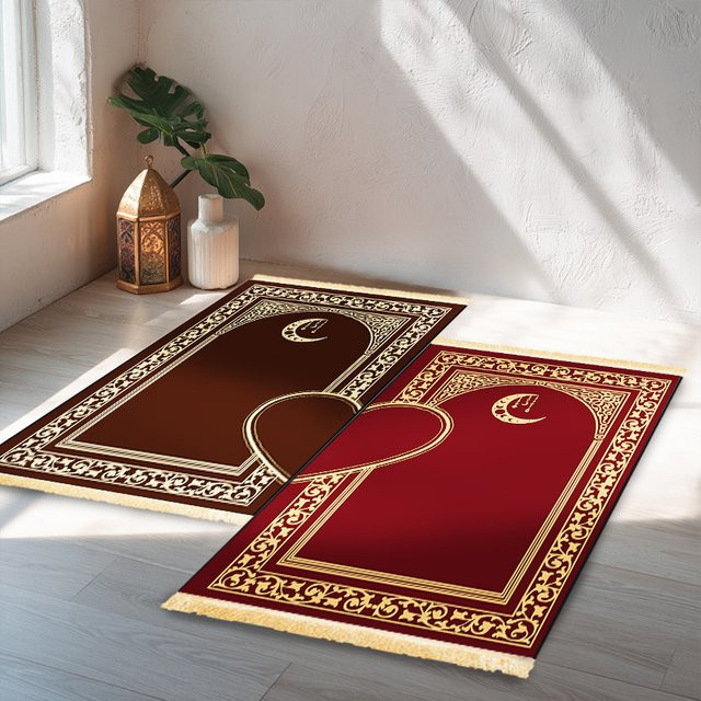 VIKAMA 2-teiliges luxuriöses islamisches Gebetsteppich-Set für Paare, weich und faltbar mit orientalischem Design und herzförmigen Fransen, B/T: 110 x 110 cm - Bild 1