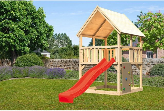 Karibu Spielturm Luis Satteldach Kletterwand Rutsche Rot ab 3 Jahren - Bild 1