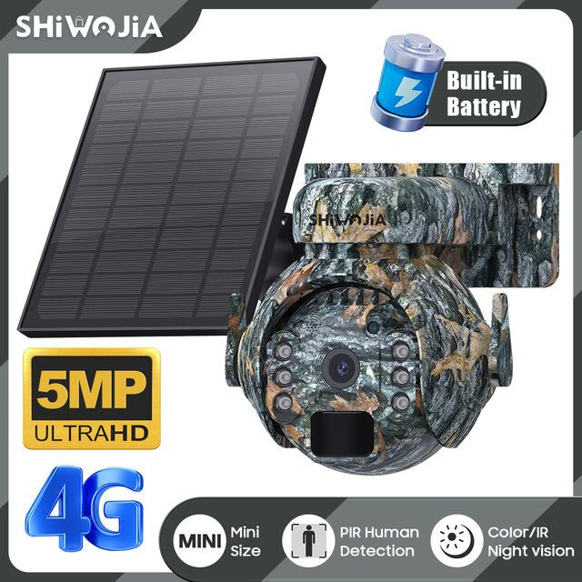 SHIWOJIA 5MP 4G AI Solarkamera mit PTZ-Funktion und WLAN, kabellose Außenüberwachungskamera in Tarnfarbe für Tiere - Bild 1