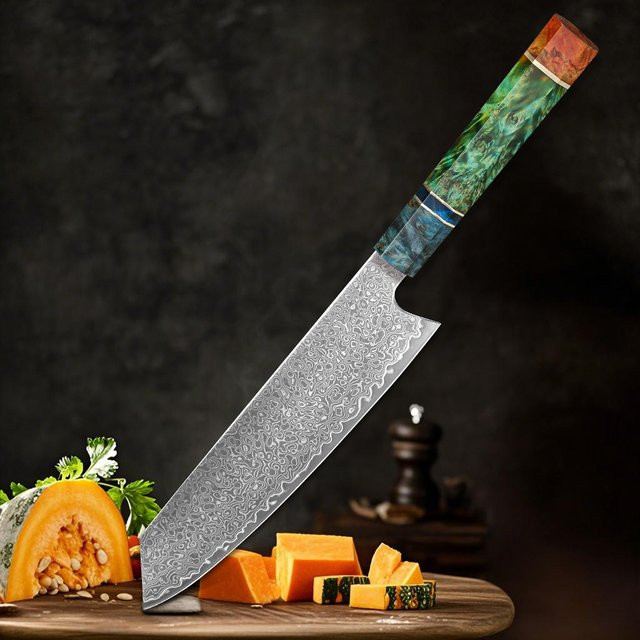 Baovim Kiritsuke-Kochmesser aus 67 Lagen Damaszener Stahl mit farbigem Holzgriff, 20,32 cm - Bild 1