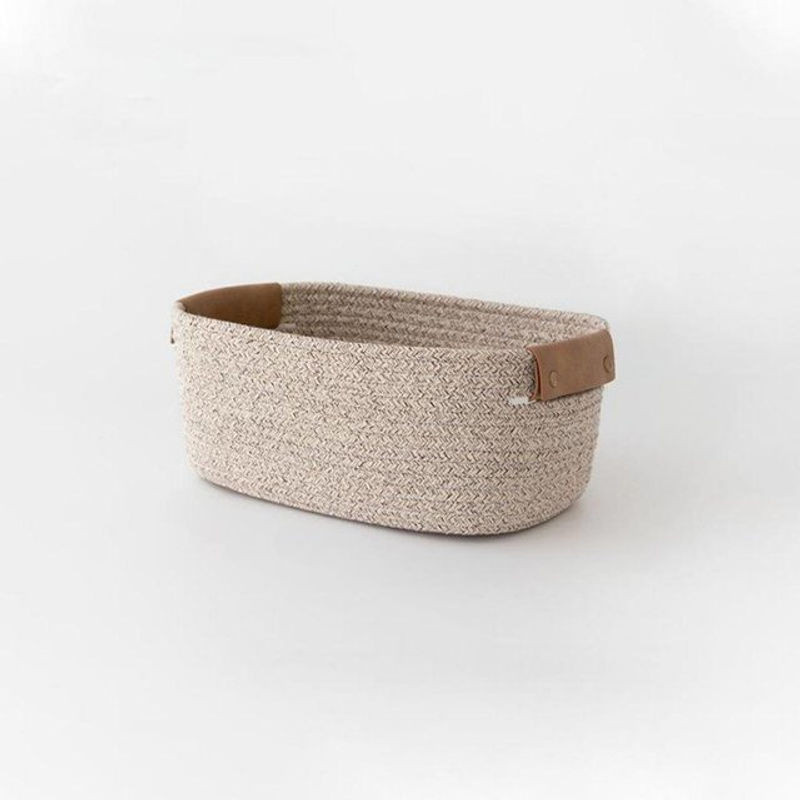 NATAWA Aufbewahrungskorb aus Baumwollseil mit Ledergriff, faltbarer Organizer für Kosmetik und Kleinigkeiten, beige/braun - Bild 1