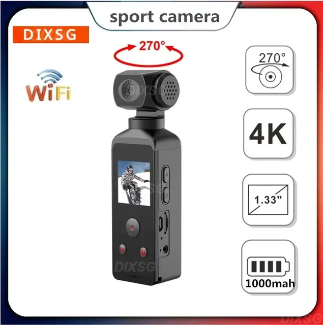 DIXSG Mini Action Camcorder mit 4K 1080P HD-Auflösung, 1,3 Zoll LCD-Bildschirm, 270 Grad drehbarem Display und WLAN, Schwarz, inklusive wasserdichtem Gehäuse - Bild 1