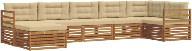 vidaXL Sofagarnitur 7-teilig aus Massivholz Akazie in Natur und Beige mit L-Form und wetterfesten Kissen - Bild 1