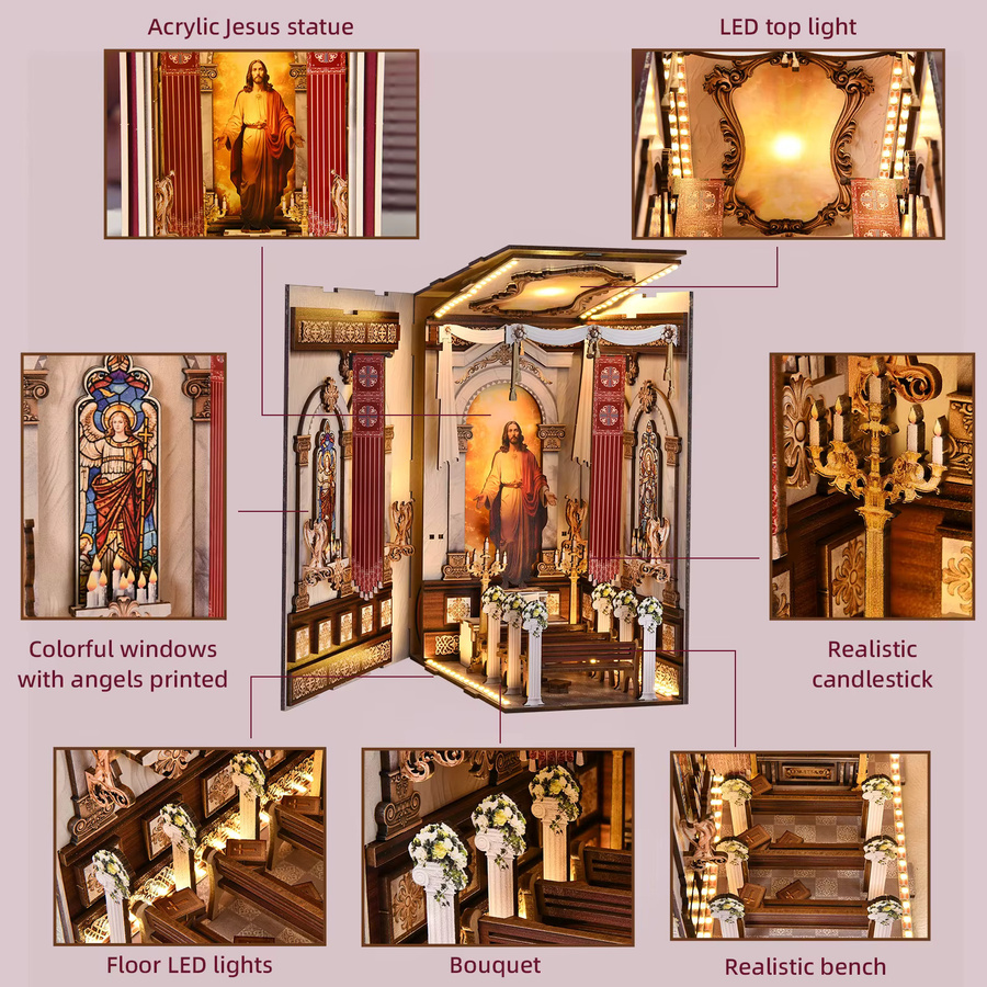 ASLOWSNAIL Buch Nook Kit Kathedrale, 3D Puzzle, Holz, Klassische Szene - Bild 3