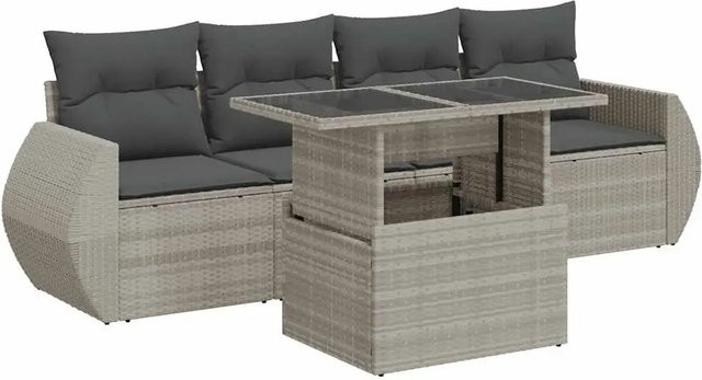 vidaXL 5-teilige Garten-Sofagarnitur aus Polyrattan in Grau mit Kissen und Glastisch - Bild 1