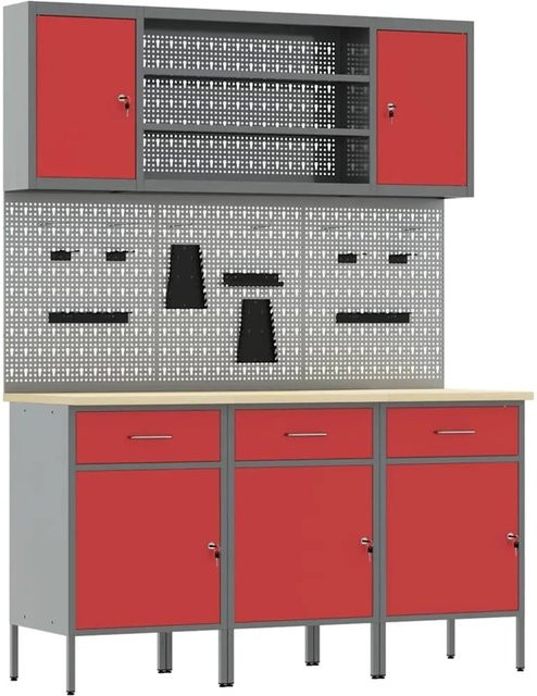 vidaXL Werkbank mit 7 Schubladen aus Holz und Stahl in Rot, B: 150 cm, H: 55 cm, T: 50 cm - Bild 1