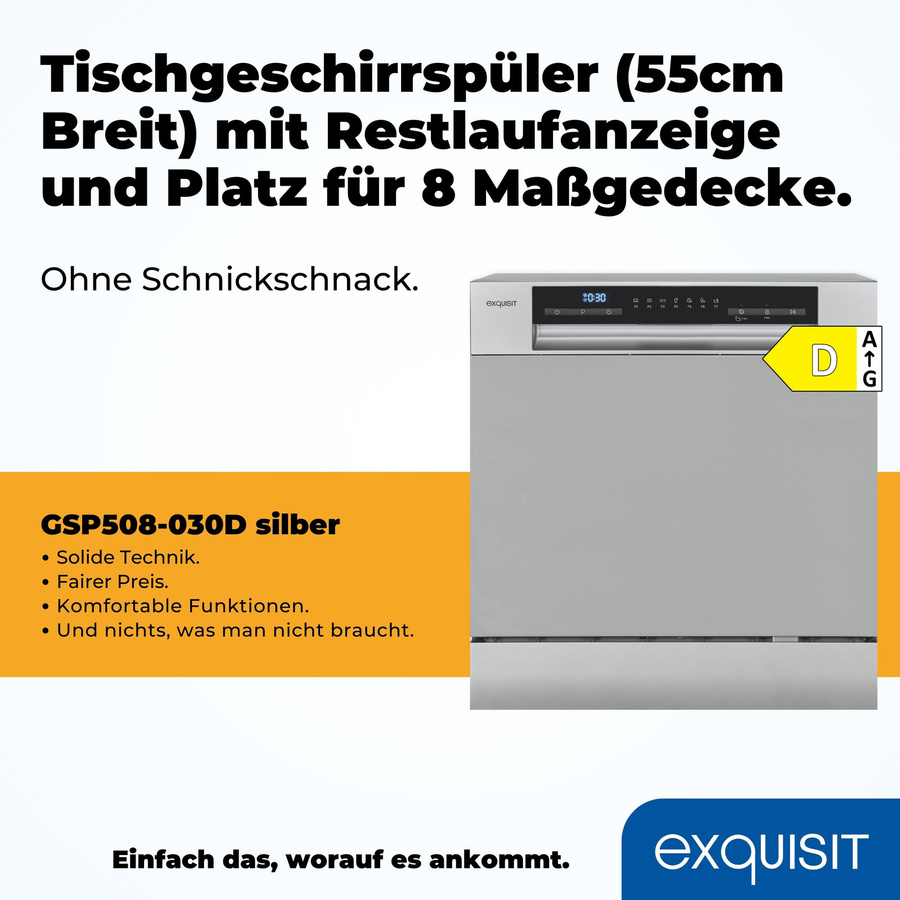 Exquisit Tisch-Geschirrspüler GSP508-030D in Silber, freistehend mit Aquastop und automatischer Türöffnung, B/T/H: 55 x 50 x 59 cm - Bild 2