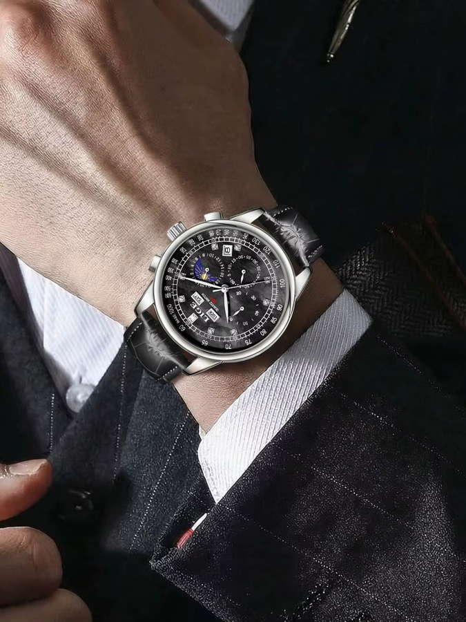 LIGE Chronograph Armbanduhr, Quarz, Blau, Leder, Herren - Bild 7