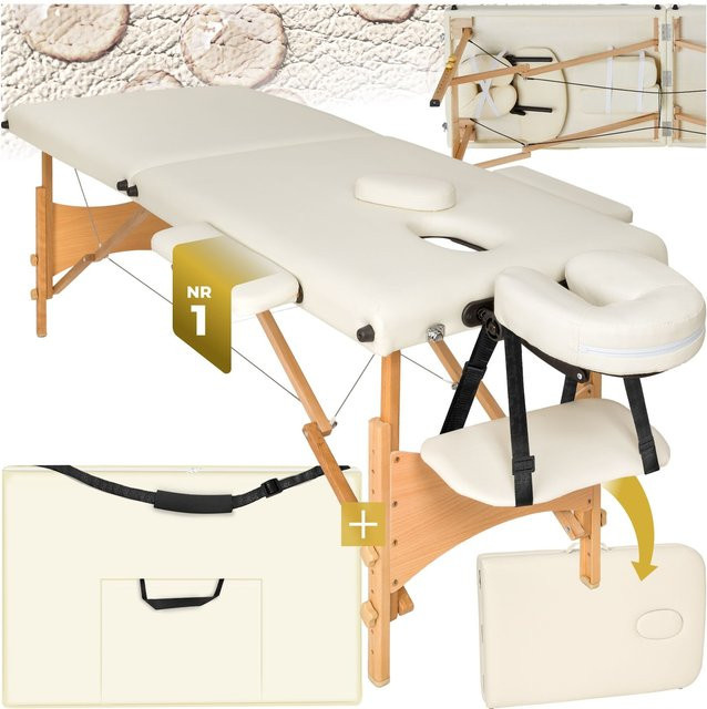 tectake Massageliege Freddi mit 2 Zonen und Holzgestell in Beige, H x B x T: 84 x 210 x 95 cm - Bild 1