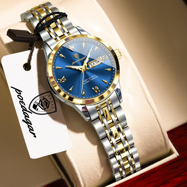 POEDAGAR Armbanduhr, Quarz, Edelstahl, Gold, Blau, Damen - Bild 1