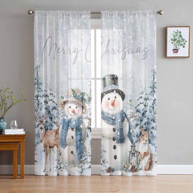 Weihnachtliche Tüll-Fenstervorhänge mit Schneemann, Baum, Elch und Eichhörnchen in Weiß, B: 135 cm, H: 114 cm - Bild 1