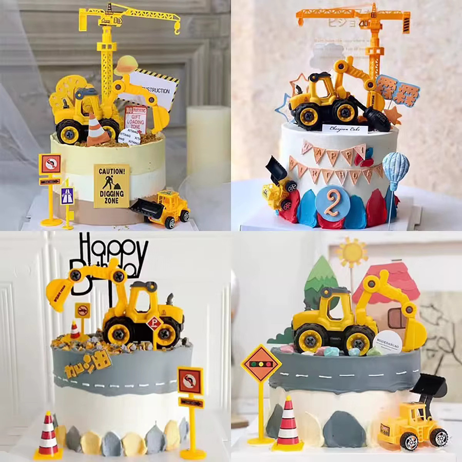 WEIGAO Baufahrzeug Kuchen Dekoration Set mit Bagger, Bulldozer und Kran in Gelb - Bild 2