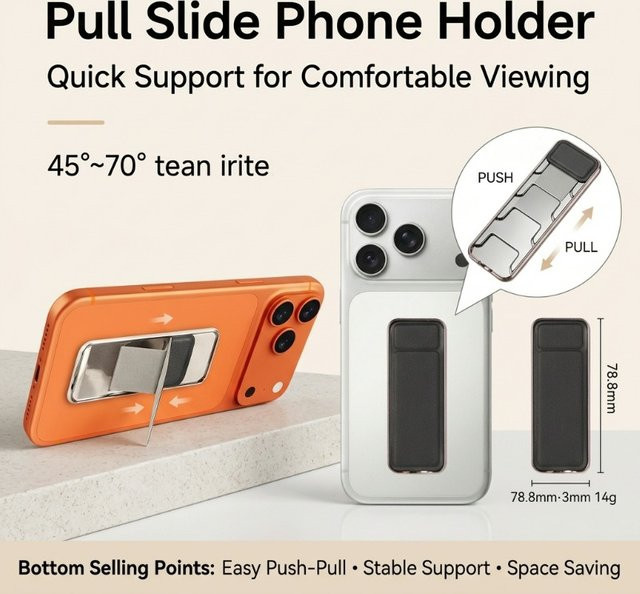 Push-Pull-Fingerring-Handyhalter mit Kleberückseite und verstellbarem Tischständer in Schwarz für iPhone, Samsung und Huawei - Bild 1