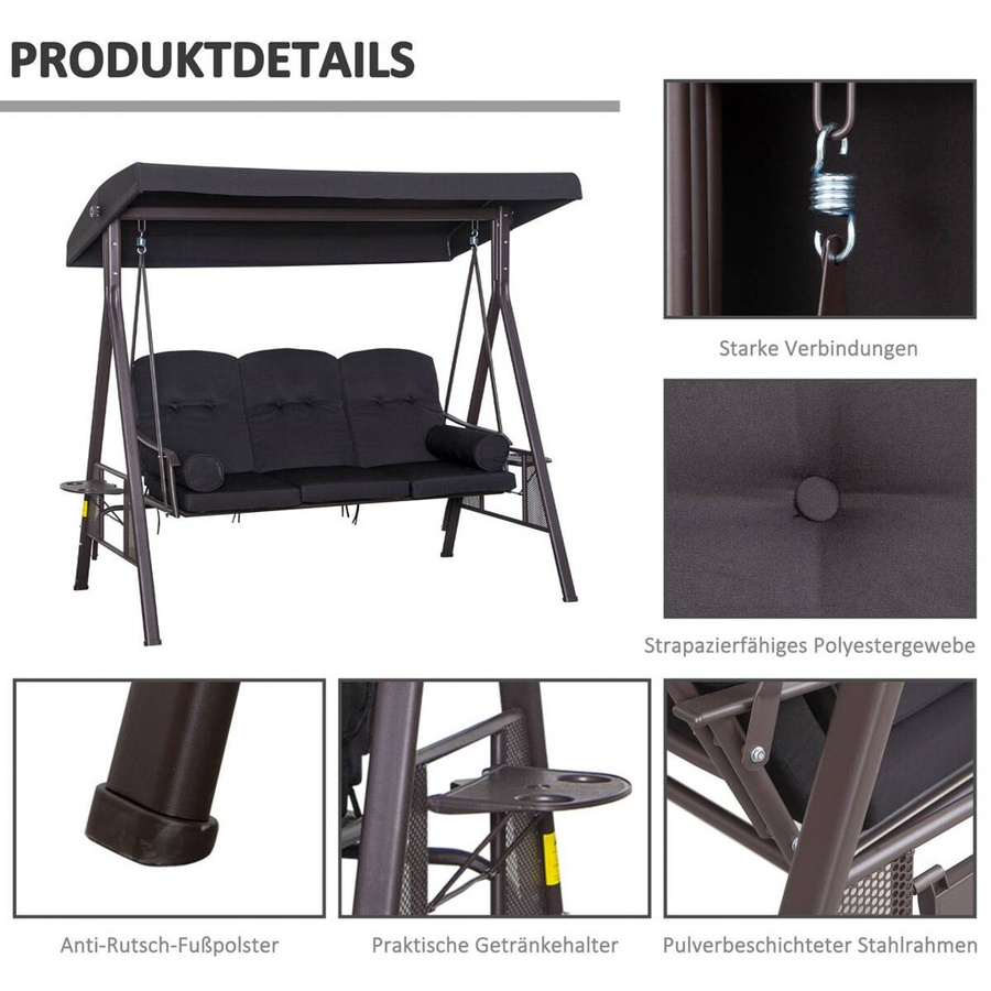 Outsunny Hollywoodschaukel aus Metall mit Sonnendach und Kissen in Schwarz, B/H/L: 116 x 183 x 206 cm - Bild 4