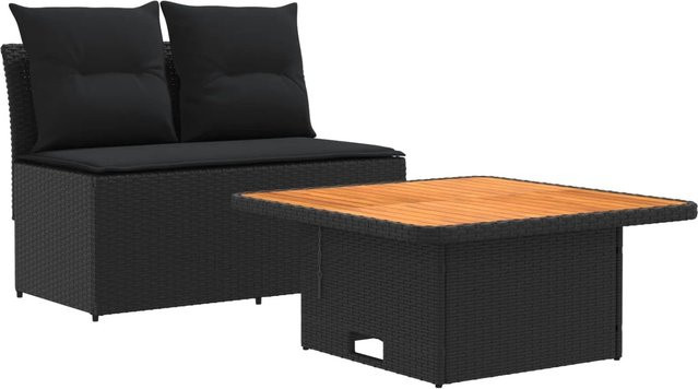 vidaXL 2 Stück Garten-Mittelsofas mit Hochklapptisch aus Poly-Rattan und Akazienholz in Schwarz und Braun - Bild 1