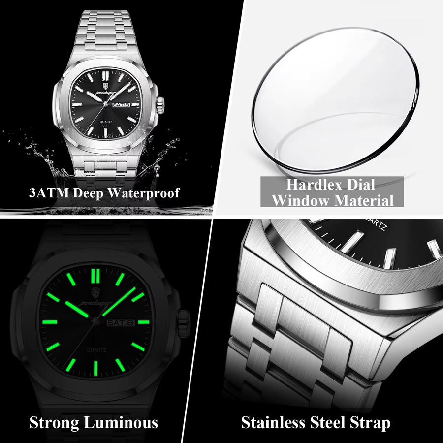 POEDAGAR Armbanduhr Edelstahl, Quarz, Schwarz, Herren - Bild 4