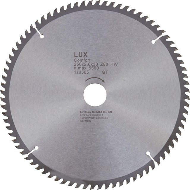 LUX-TOOLS HM-Kreissägeblatt für Holz mit 80 Zähnen, Durchmesser: 250 mm, Bohrung: 30 mm, Farbe: Silber - Bild 1