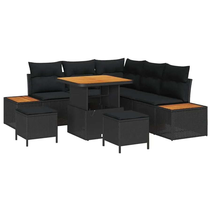 vidaXL Garten-Sofa-Set 8-teilig aus Poly Rattan und Akazienholz in Schwarz mit Kissen - Bild 2