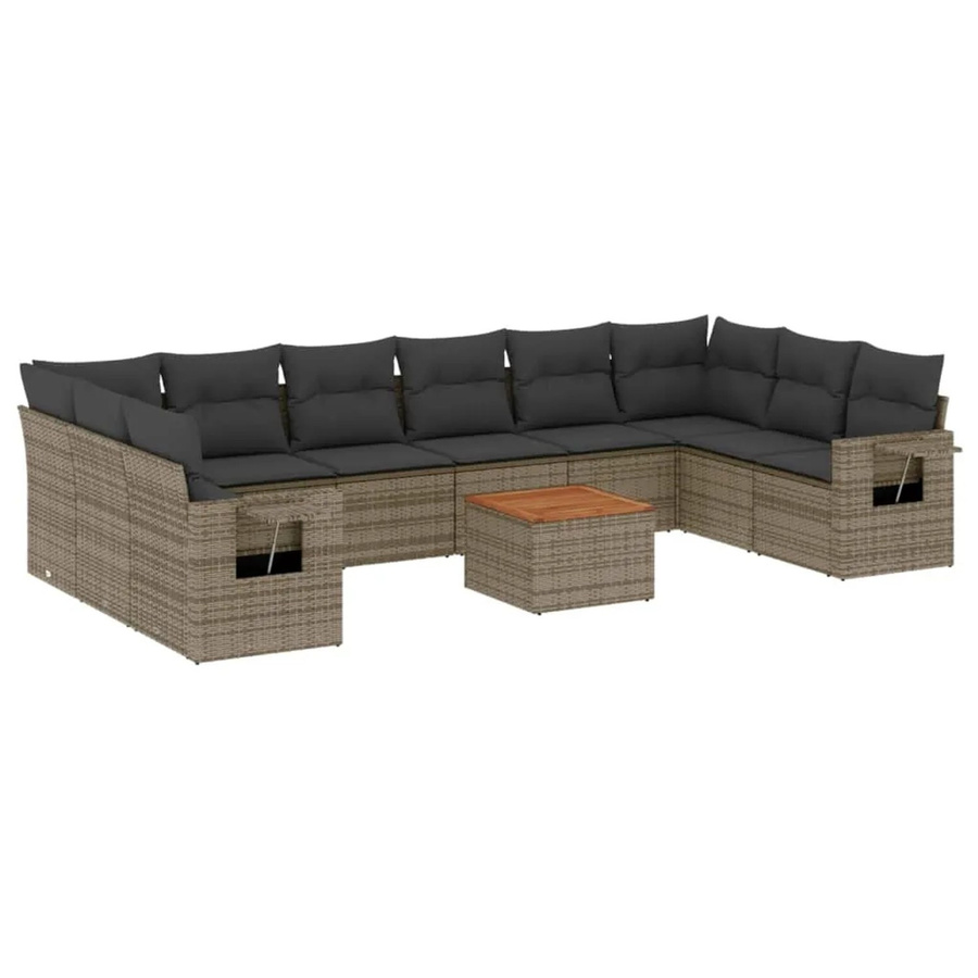 vidaXL 11-teilige Garten-Sofagarnitur aus Poly-Rattan und Akazienholz in Grau mit Kissen - Bild 2