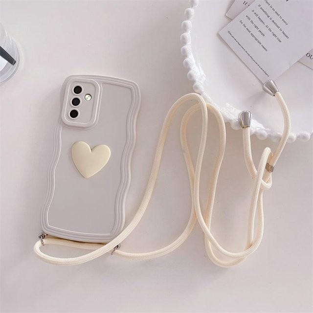 Silikonhülle mit lockigem Crossbody Lanyard und 3D Love Heart Design für Samsung Galaxy S24 S23 S22 S21 Ultra S23 FE A54 A34 A14 A15 A25 A35 A55 A05 sowie iPhone 14 in Weiß - Bild 1