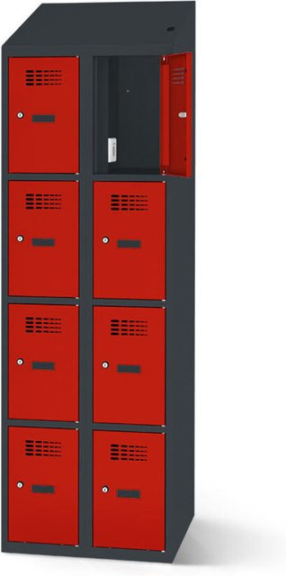 rotstahl Fächerschrank mit 8 Fächern und Ladefunktion, Farbe Rot, Korpus Anthrazitgrau, B: 60 cm, H: 200 cm - Bild 1