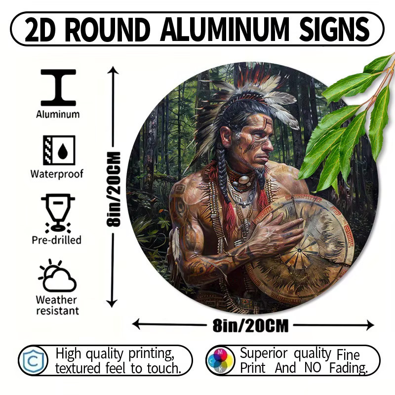 Potdemiel Vintage Native American War Chief Rundes Aluminium-Wanddekorschild aus Metall, Mehrfarbig, Durchmesser: 20,32 cm - Bild 4