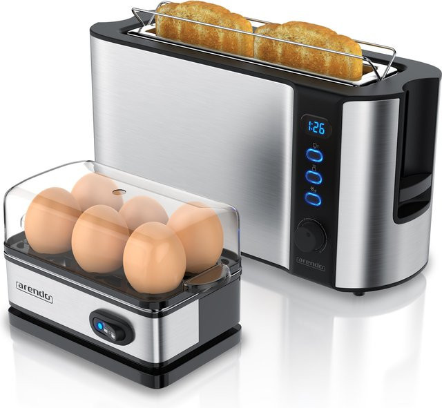 Arendo Frühstücks-Set aus Edelstahl mit 6er Eierkocher und 2-Scheiben Langschlitz Toaster in Silber - Bild 1