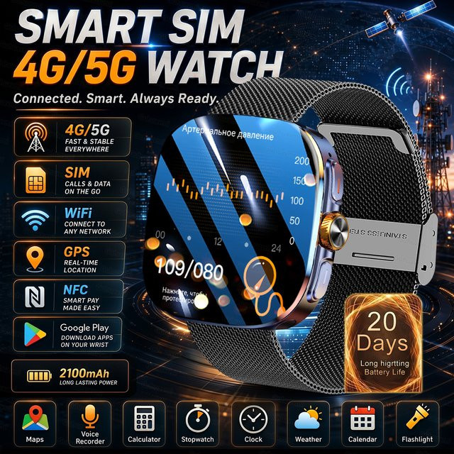 MAVHX Smartwatch mit AMOLED Display, 5G/4G Full Network, GPS, WIFI und drehbarer Kamera, kompatibel mit iOS, in Gold oder Schwarz - Bild 1