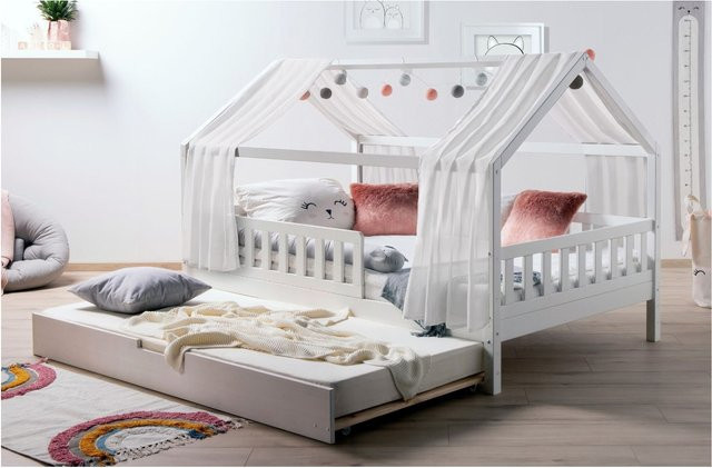 TiCAA Kinderbett Hausbett Kim aus Kiefer Massivholz mit Tüll, Montessori Bett in Weiß inklusive Rolllattenrost, Zusatzbett und Rausfallschutz - Bild 1