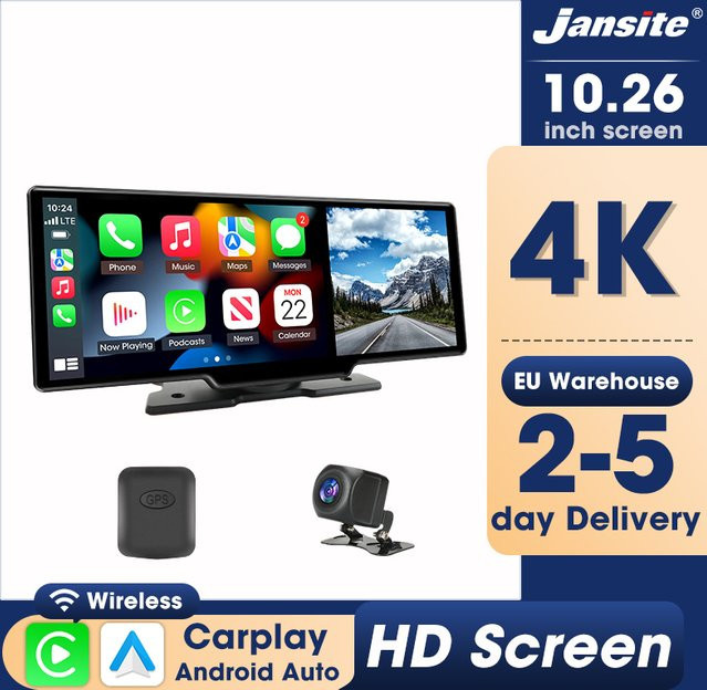 Jansite 4K Dashcam mit 10,26 Zoll Display, Auto-DVR mit Wireless CarPlay und Android Auto, GPS, Bluetooth 5.0, WLAN und Nachtsicht in Schwarz - Bild 1