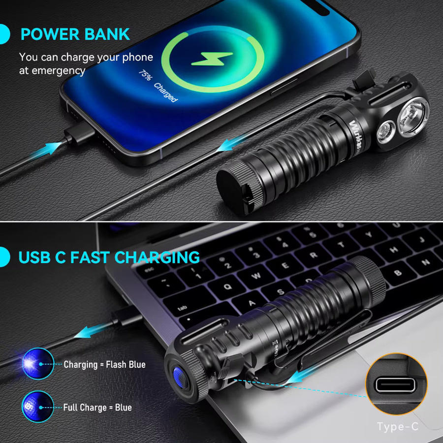 Wurkkos HD20 wiederaufladbare LED Stirnlampe mit 2000 lm, magnetische Taschenlampe in Schwarz mit IP68 Schutz und Powerbank-Funktion - Bild 3