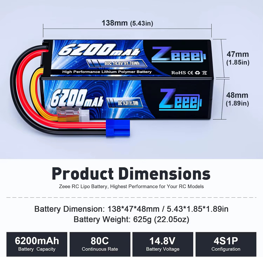 Zeee Lipo Batterie für RC Auto 14,8 V 6200mAh mit EC5 Stecker - Bild 2