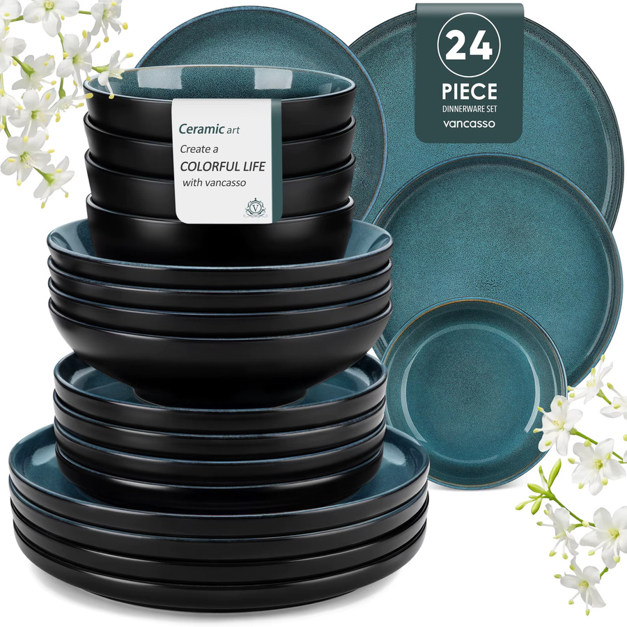 vancasso PLAYB Keramikteller-Set aus Steinzeug, 24-teiliges Dinner-Service in Blau mit Speisetellern, Desserttellern und Müslischalen - Bild 7