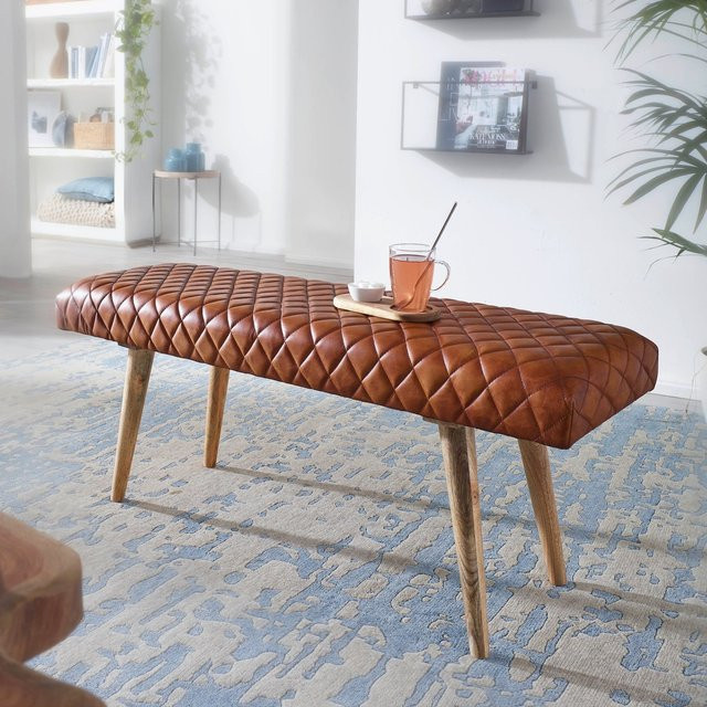 Finebuy Gepolsterte Sitzbank aus Echtleder in Braun im Retro-Design mit Rautenmuster, Breite: 115 cm - Bild 1
