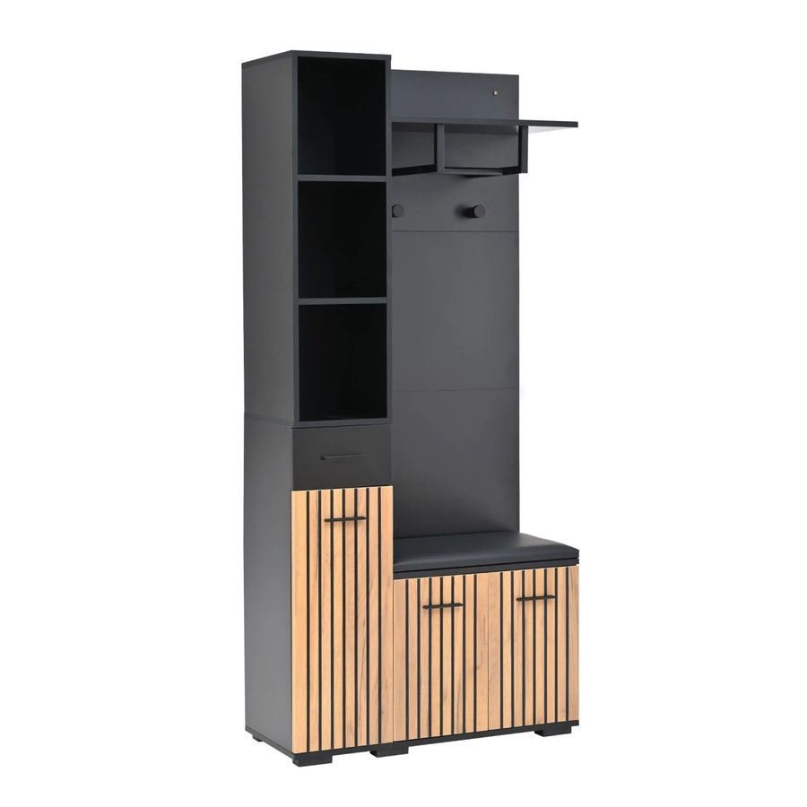 okwish Kompaktgarderobe mit Schuhbank und 2 Kleiderhaken, Schwarz Natur, B/T/H: 80 x 35 x 175 cm - Bild 2