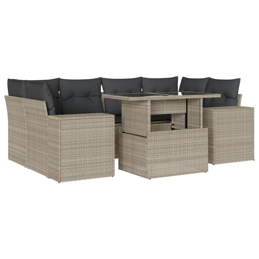vidaXL 7-teilige Garten-Sofagarnitur aus Poly-Rattan in Hellgrau mit Kissen aus Polyester und pulverbeschichtetem Stahl - Bild 2