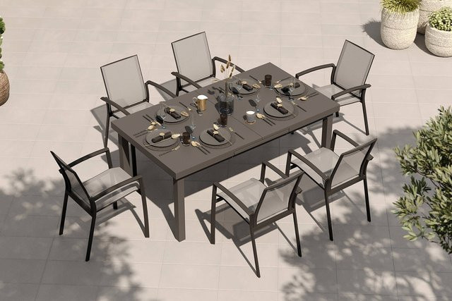 Siena Garden Garten-Essgruppe aus Aluminium mit Ranotex-Gewebe und Glas, anthrazit/grau, inkl. 6 Stapelsesseln und Ausziehtisch B: 180/240 cm, T: 100 cm - Bild 1