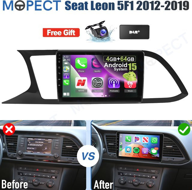 MOPECT Android 15 Autoradio mit 9 Zoll Display, 4+64GB, CarPlay, GPS, Bluetooth, DAB und AHD für Seat Leon MK3 5F1 5F5 (2012-2019), Schwarz - Bild 1