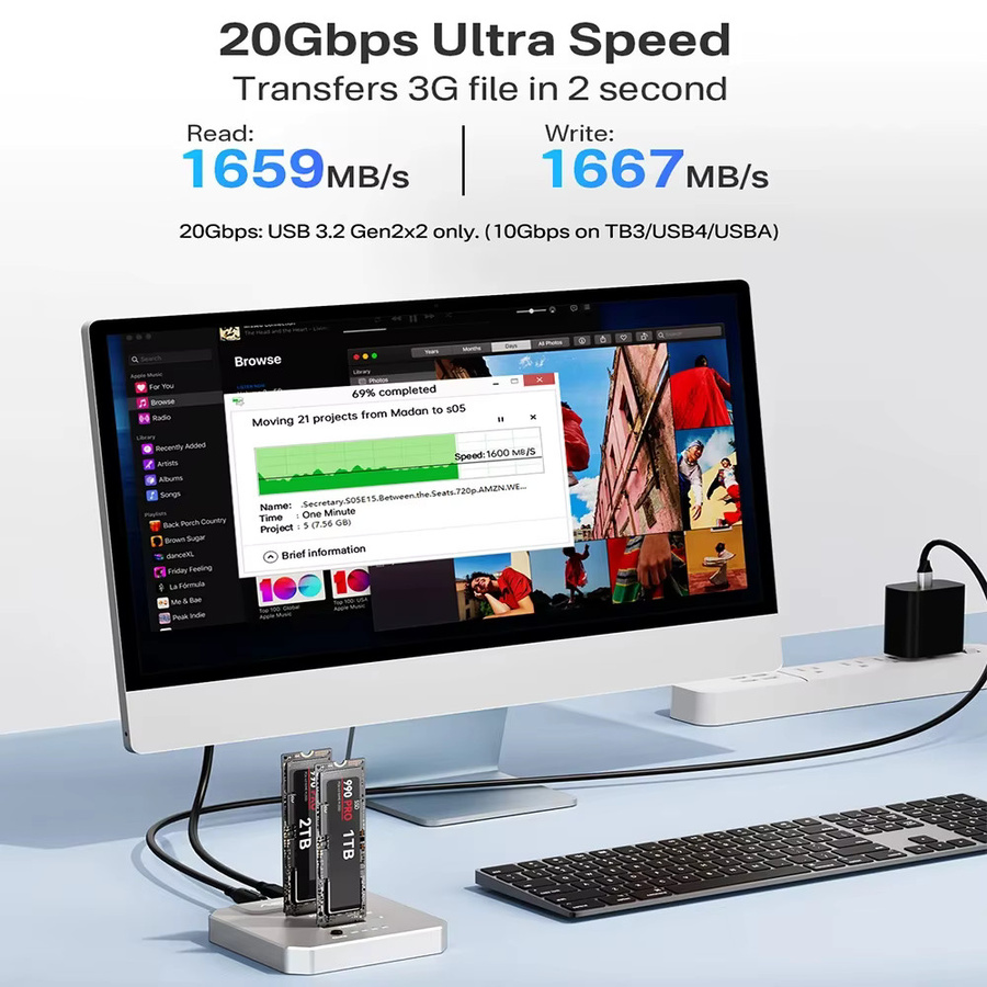 Acasis Dual-Bay M.2 NVMe Duplicator Offline-Kloner mit 20Gbps USB 3.2 Typ-C Anschluss für 2230/2242/2260/2280 SSDs in Silber - Bild 3