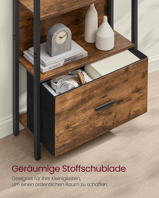 VASAGLE Bücherregal mit 5 Ebenen und Schublade im Industrial-Design, Eckregal aus Holz und Metall in Braun und Schwarz - Bild 3