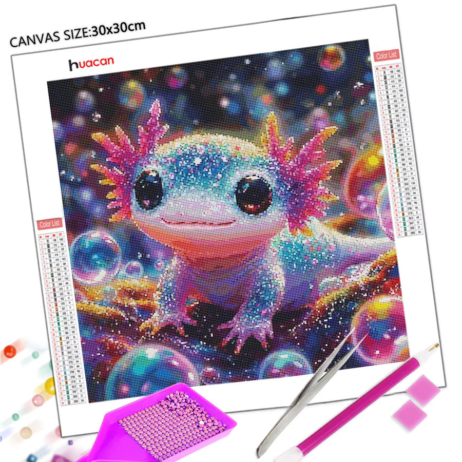 Huacan DIY Diamantmalerei Axolotl Mosaik Set mit rundem Cartoon Tier Motiv in Multicolour, Durchmesser: 20 cm - Bild 2