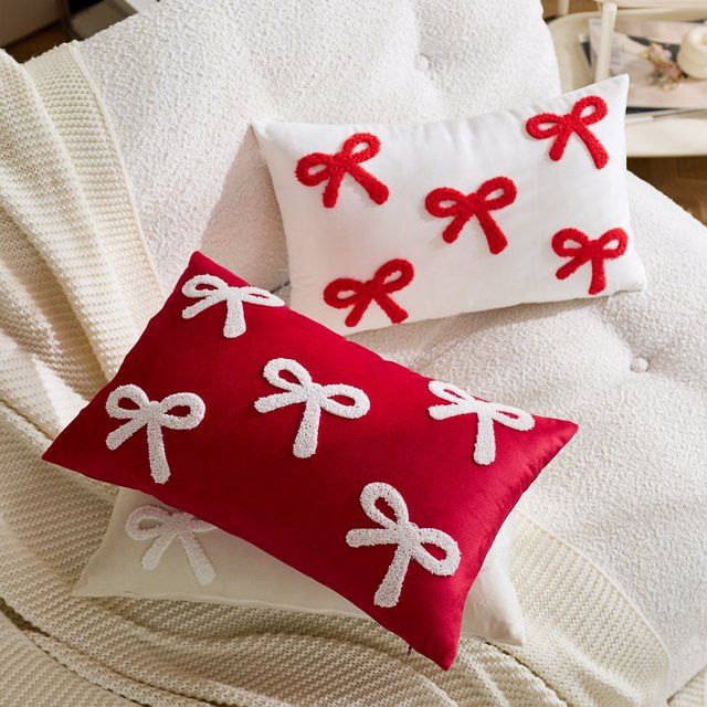 Inyahome Kissenbezug mit Schleife und Stickerei in Rot für Dekoration im Schlafzimmer oder auf der Couch, B/H: 30 x 50 cm und 45 x 45 cm - Bild 1