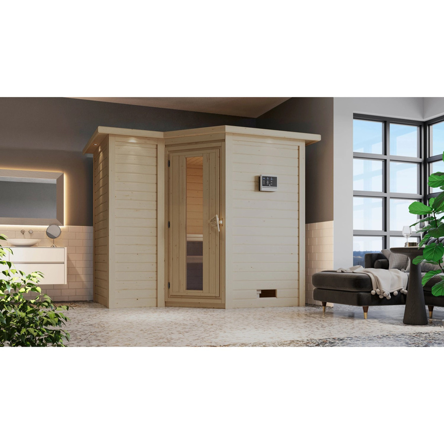 Karibu Massivholzsauna Steena 2 Bio-Kombisauna mit 9,0 kW BioKombiofen, Steuergerät und Dachkranz, Farbe: Natur/Braun/Weiss, B/T/H: 236 x 212 x 198 cm - Bild 3