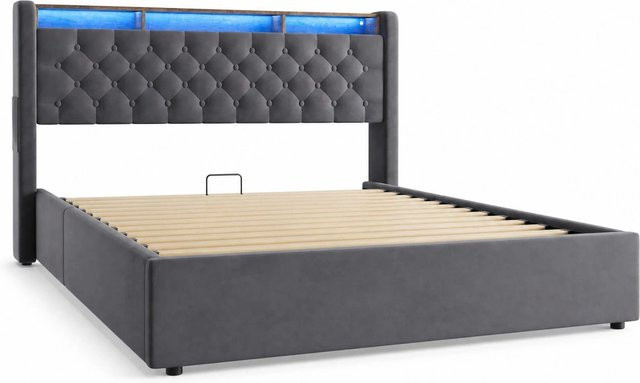 okwish Polsterbett mit LED-Beleuchtung und Bettablage in Dunkelgrau, B/T/H: 160 x 200 cm - Bild 1